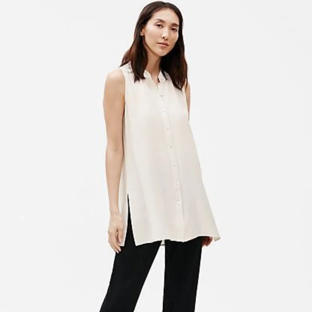NWT EILEEN FISHER The System Bone Ecru Silk Crepe Button Up Sleeveless B… - Picture 6 of 10